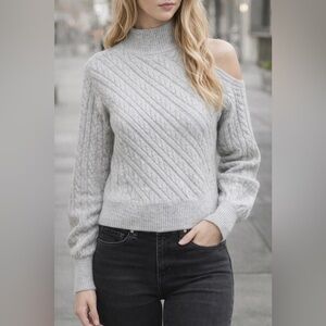 Express Gray Cable Knit Cold Shoulder Mock Neck Sweater XS